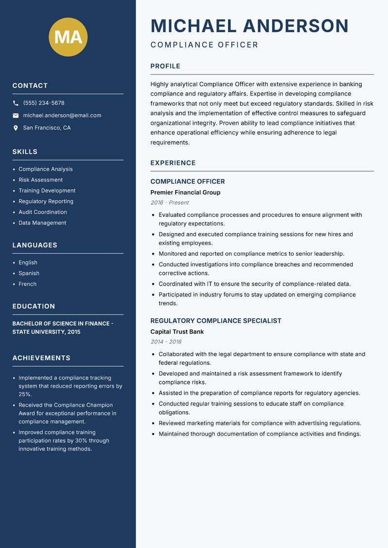 Compliance Officer Banking Resume Preview Example