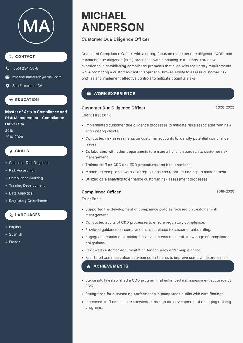 Compliance Officer Banking Resume Preview Example