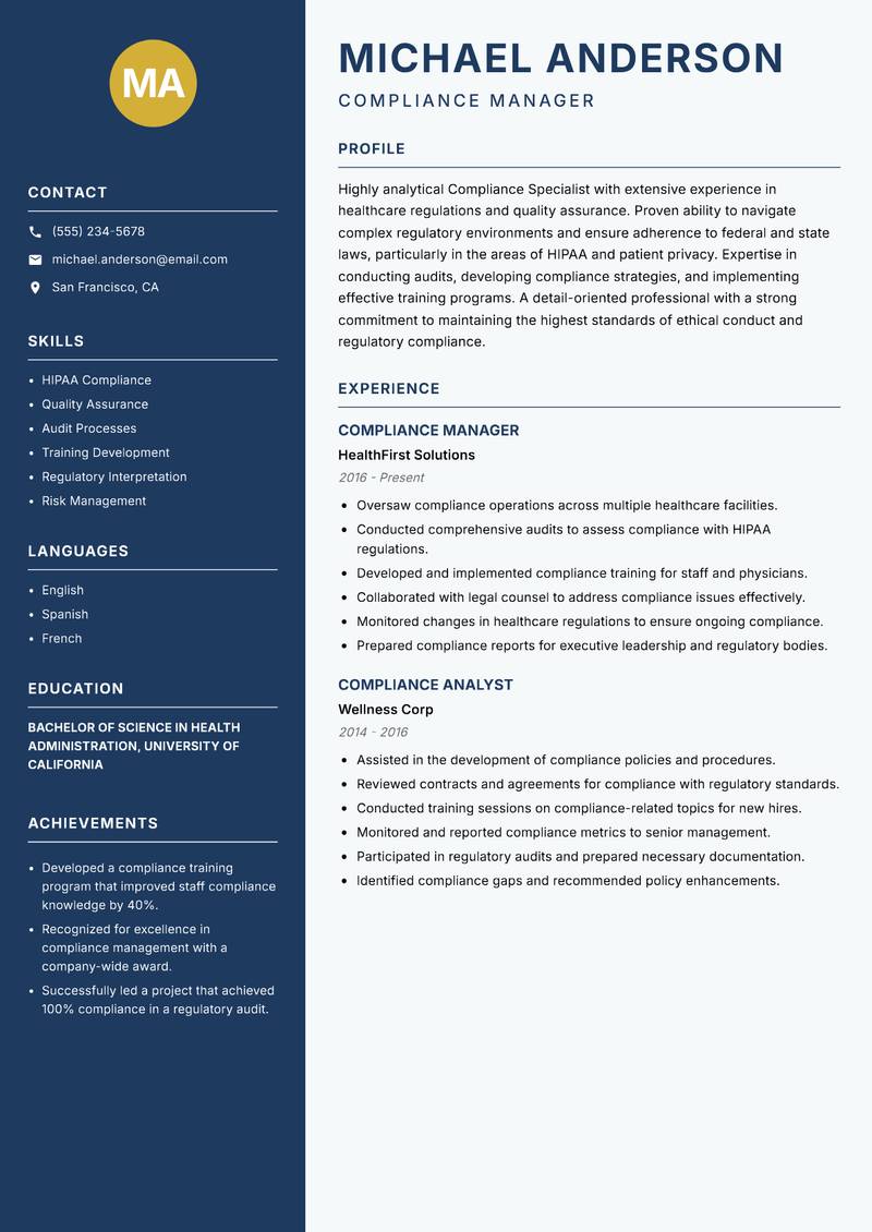 Compliance Specialist Resume Preview Example