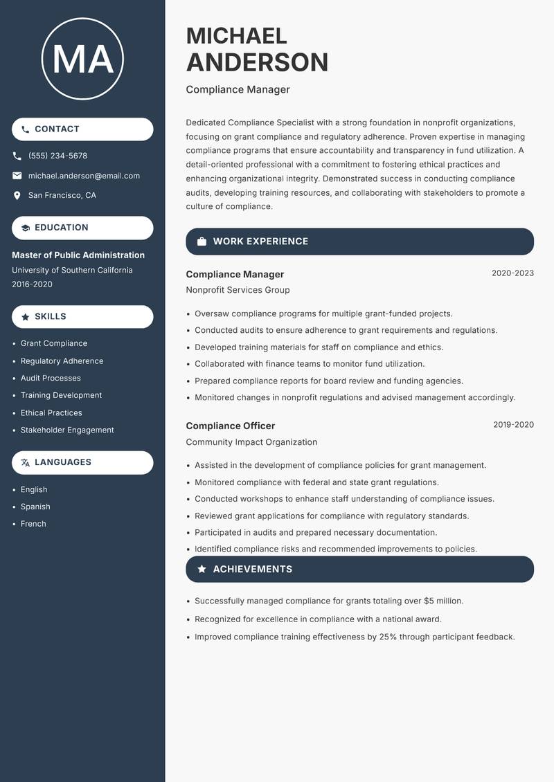 Compliance Specialist Resume Preview Example