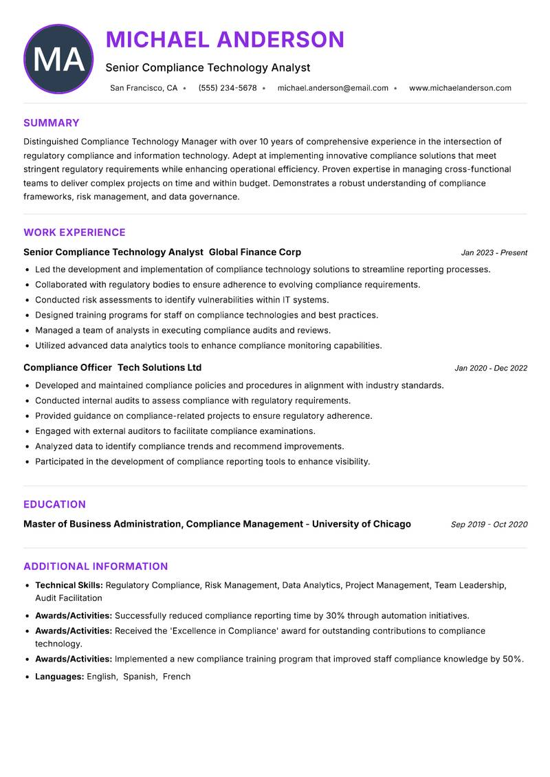 Compliance Technology Manager Resume Preview Example