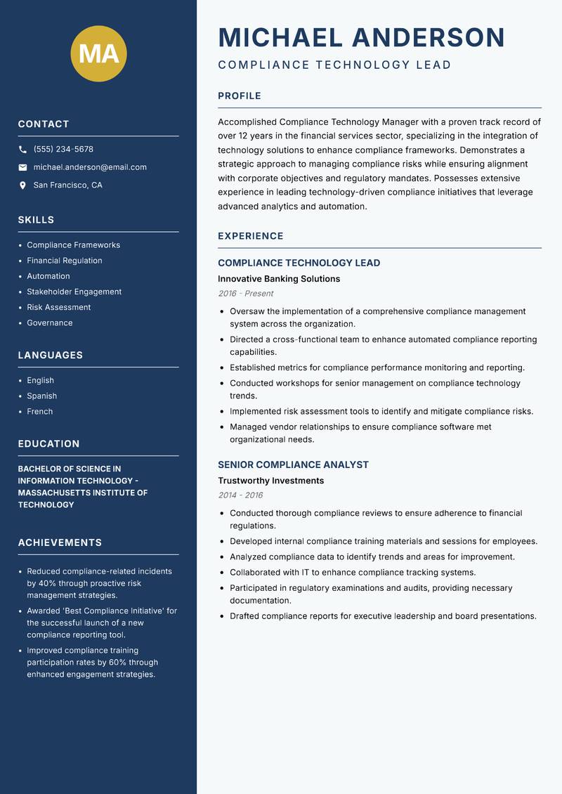 Compliance Technology Manager Resume Preview Example