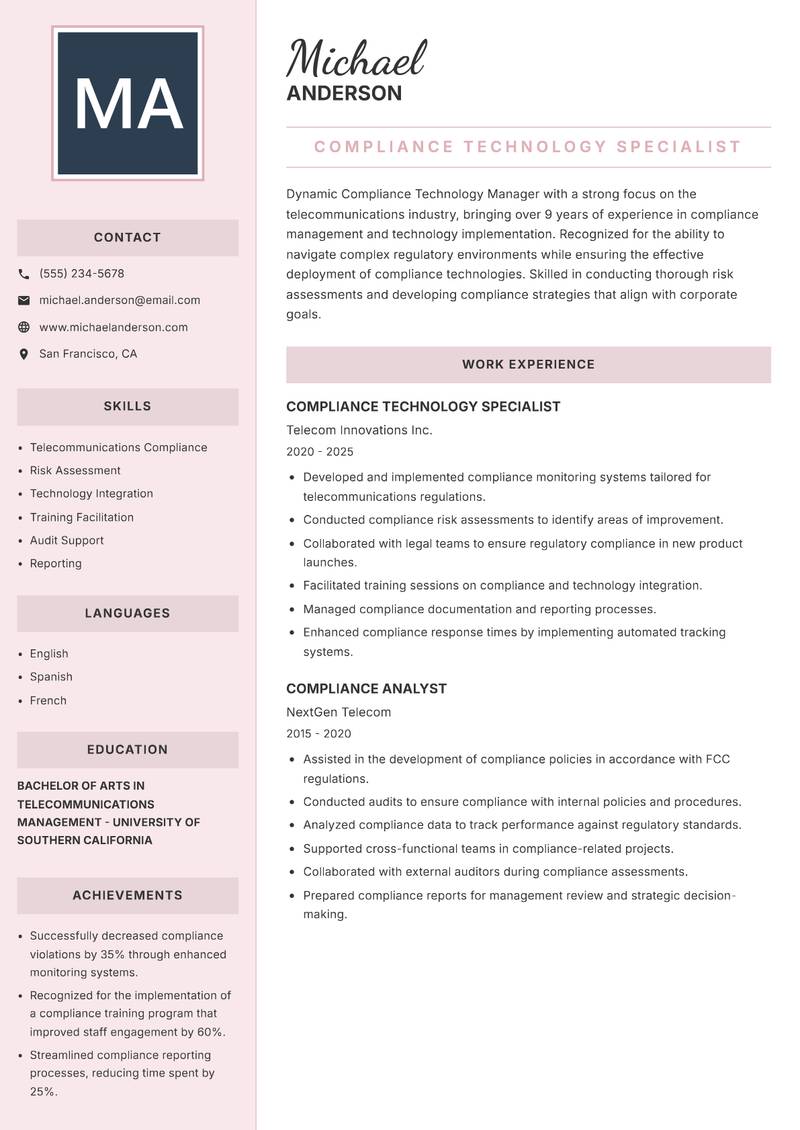 Compliance Technology Manager Resume Preview Example