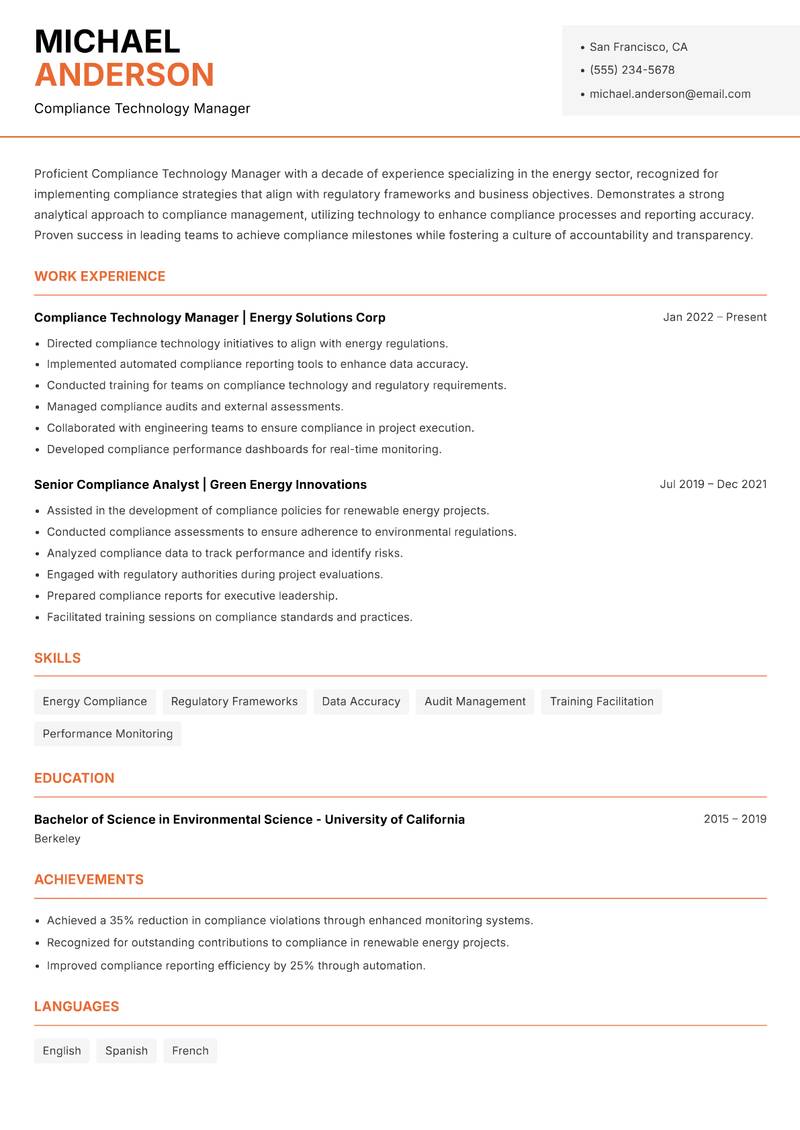 Compliance Technology Manager Resume Template