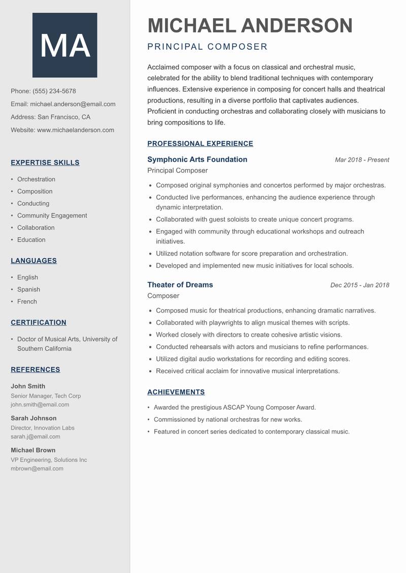 Composer Resume Preview Example
