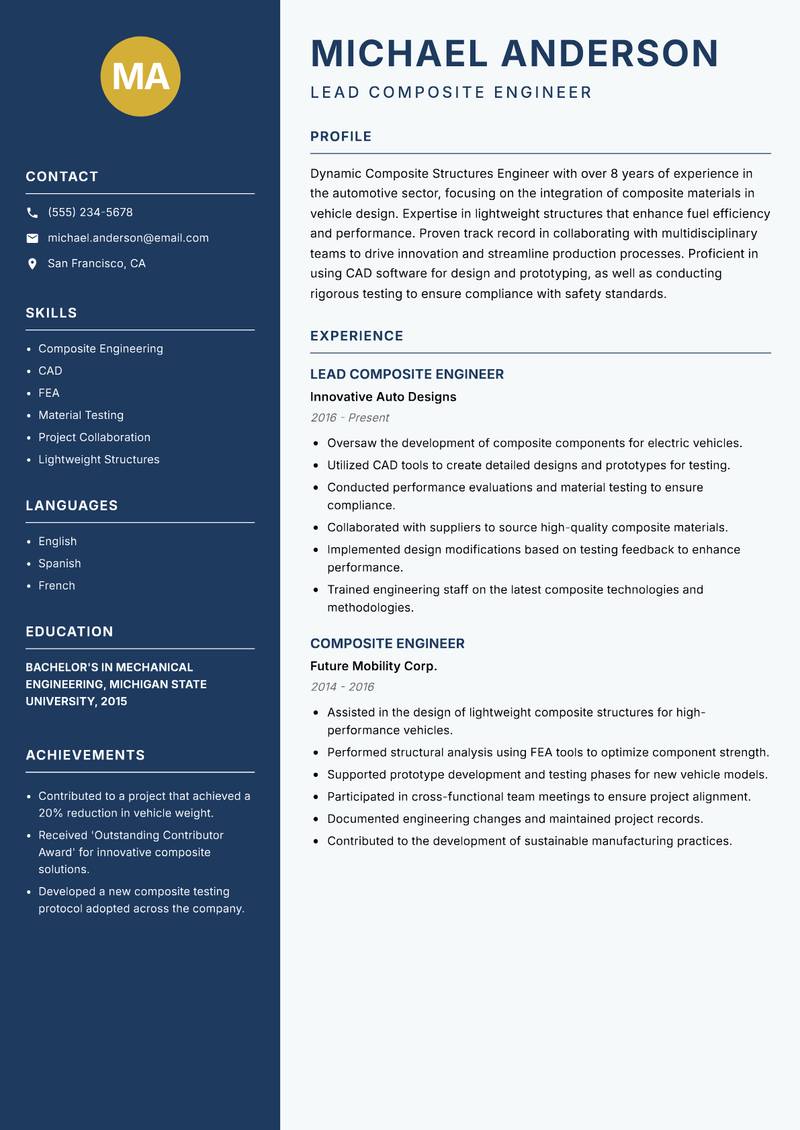 Composite Structures Engineer Resume Preview Example