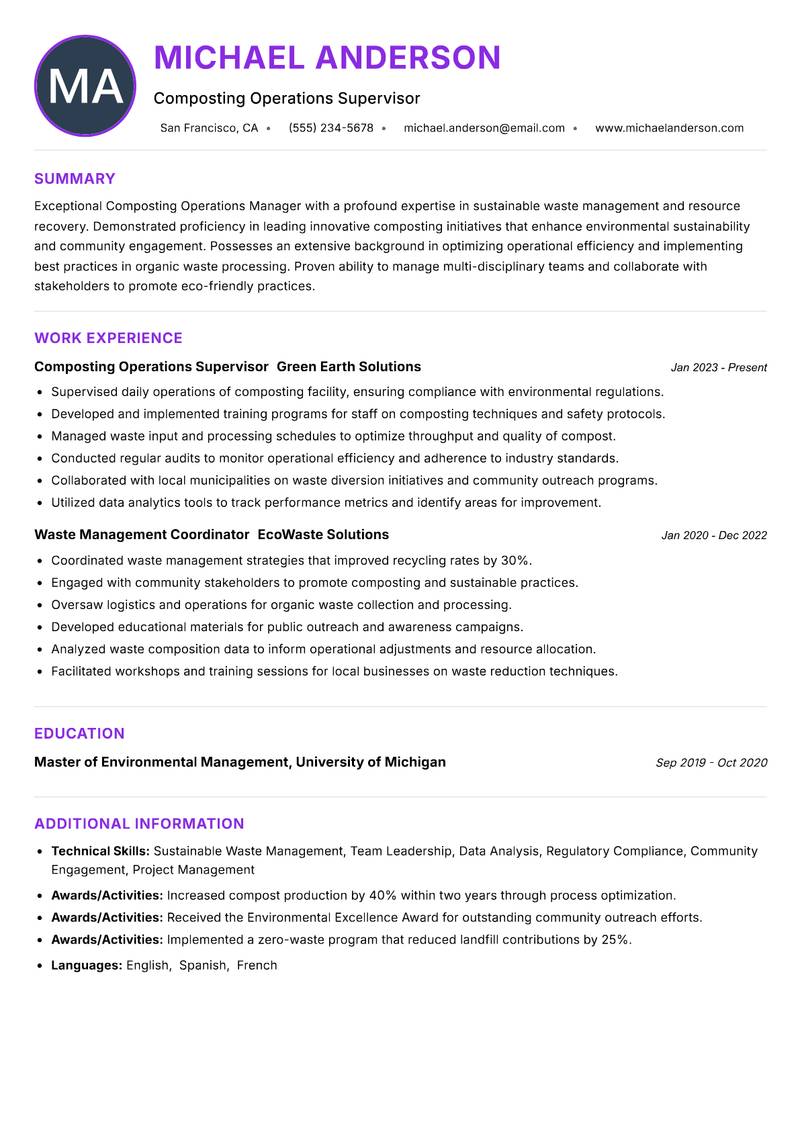 Composting Operations Manager Resume Preview Example