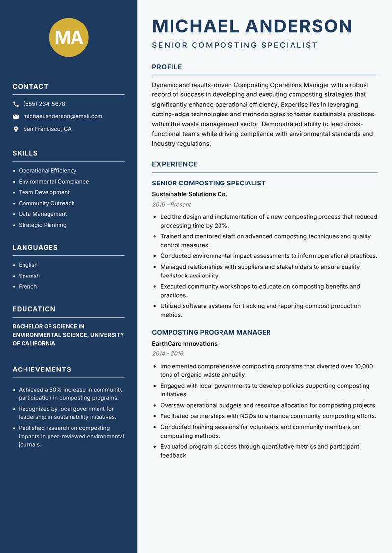 Composting Operations Manager Resume Preview Example