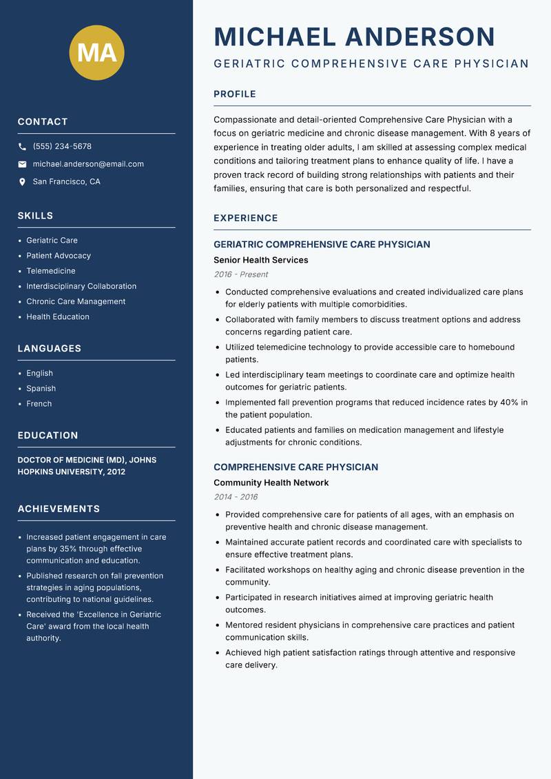 Comprehensive Care Physician Resume Preview Example