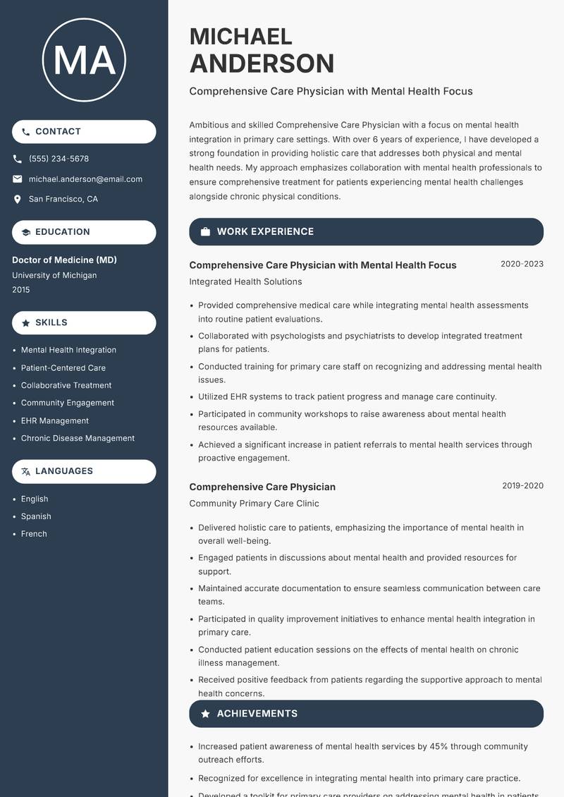 Comprehensive Care Physician Resume Preview Example