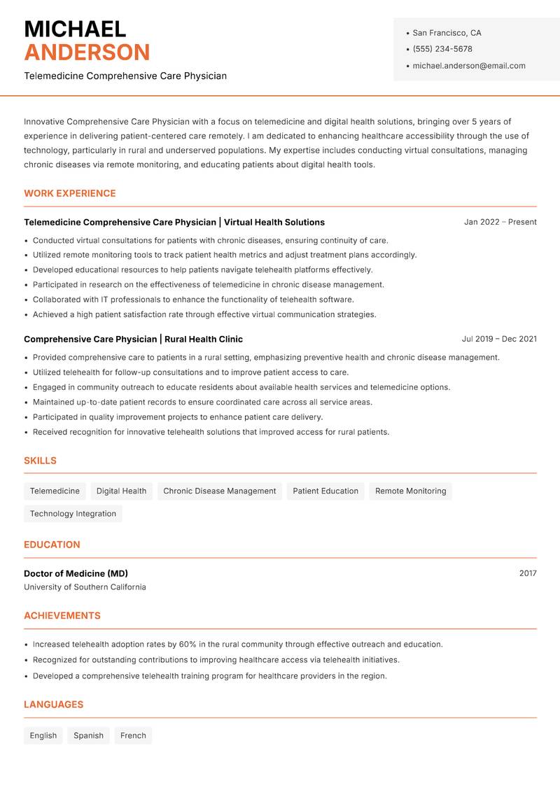 Comprehensive Care Physician Resume Template