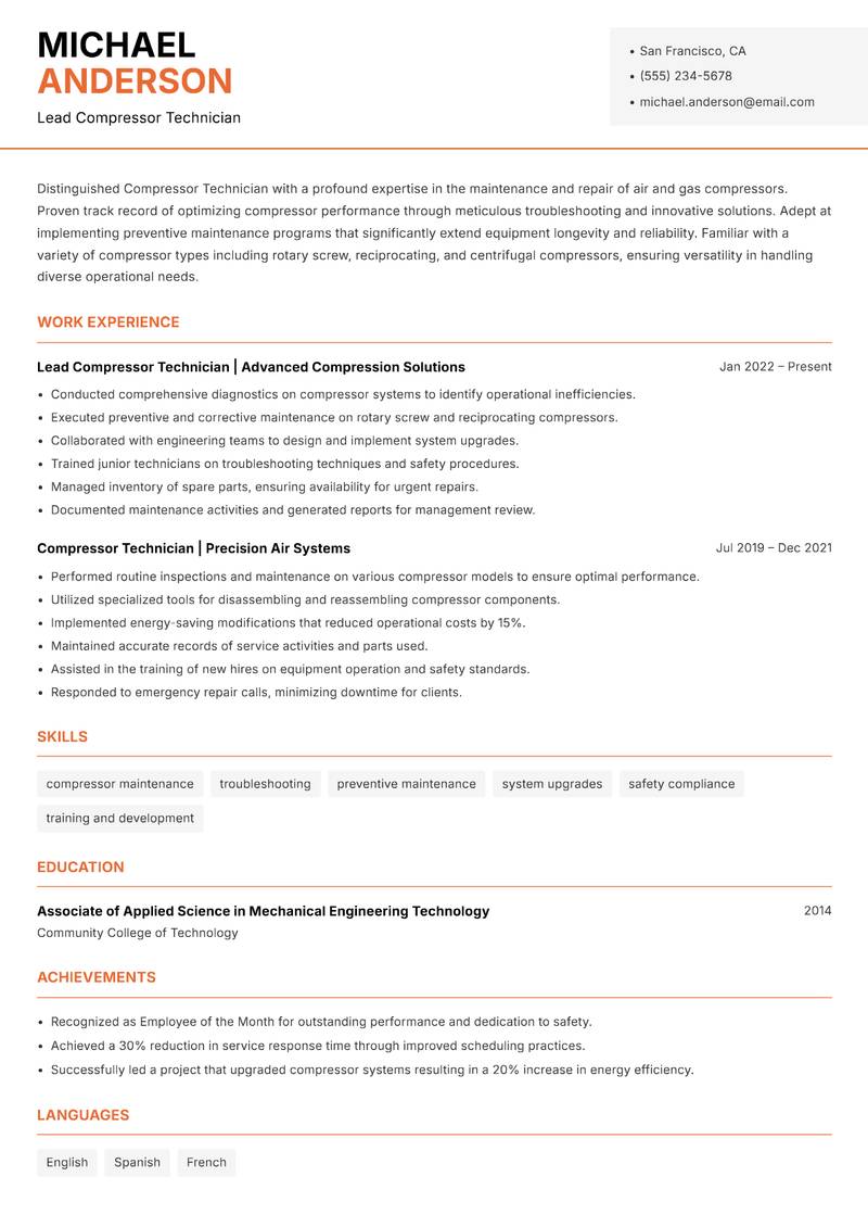 Compressor Technician Resume Template