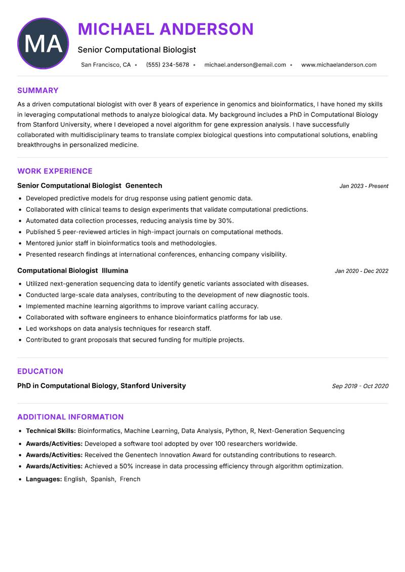 Computational Biologist Resume Preview Example