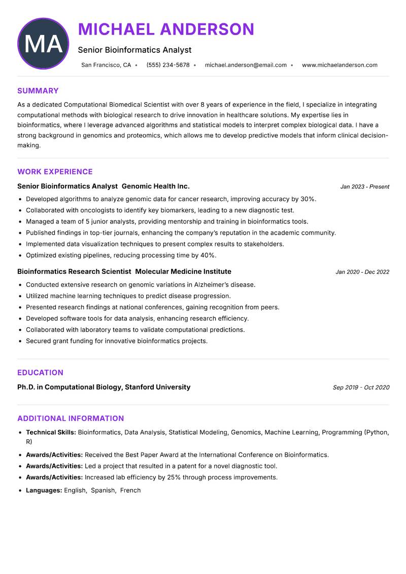 Computational Biomedical Scientist Resume Preview Example
