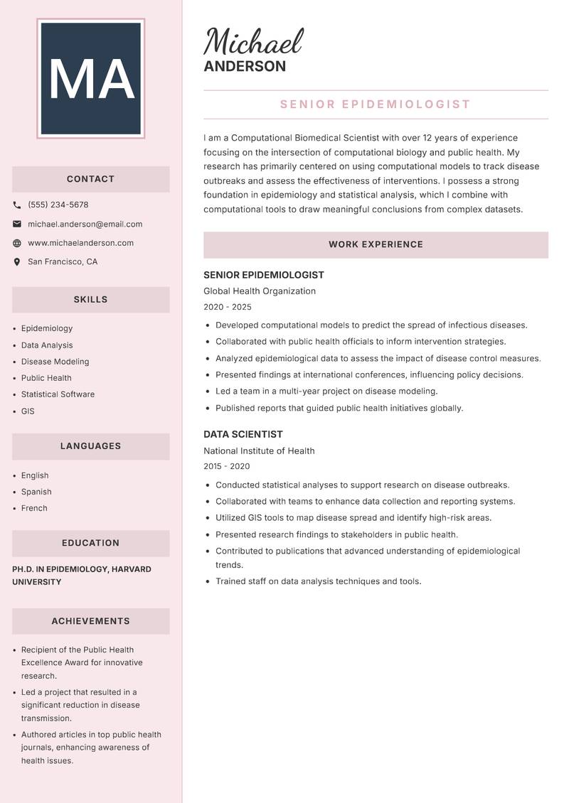Computational Biomedical Scientist Resume Preview Example