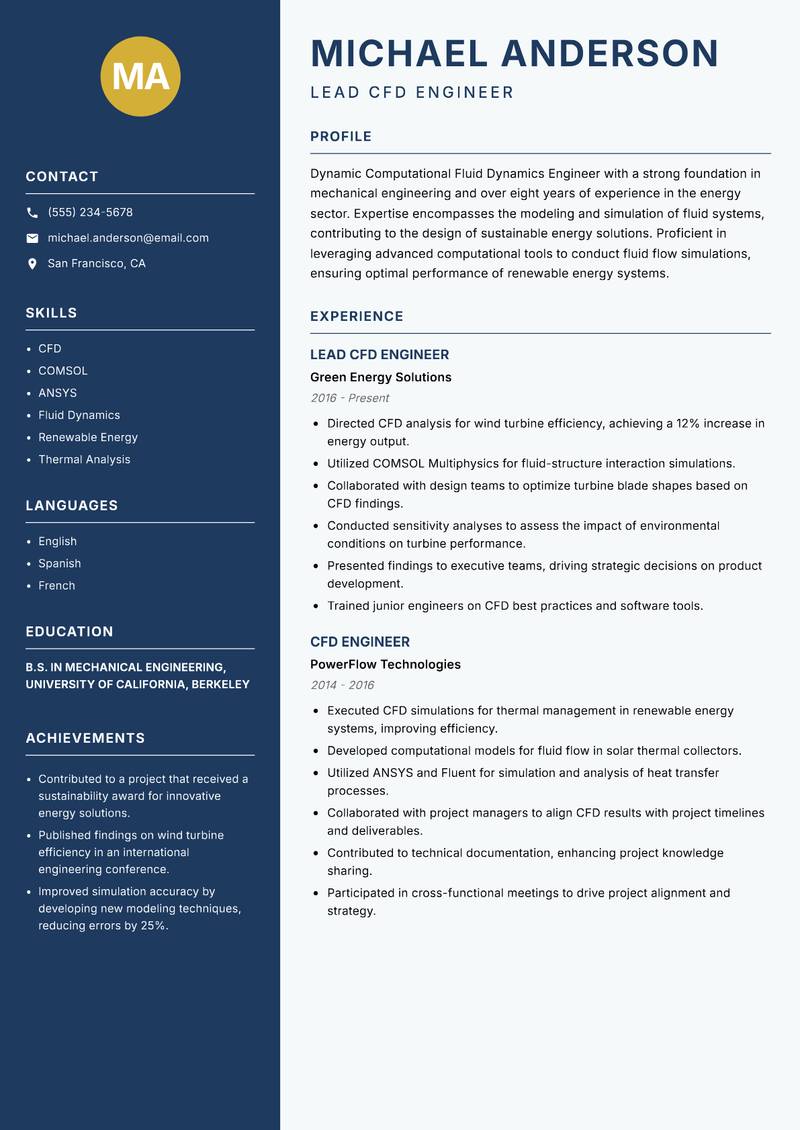 Computational Fluid Dynamics Engineer Resume Preview Example