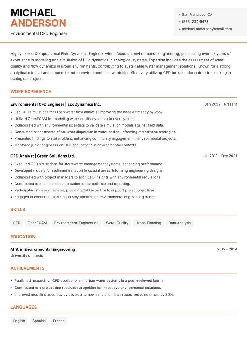 Computational Fluid Dynamics Engineer Resume Template