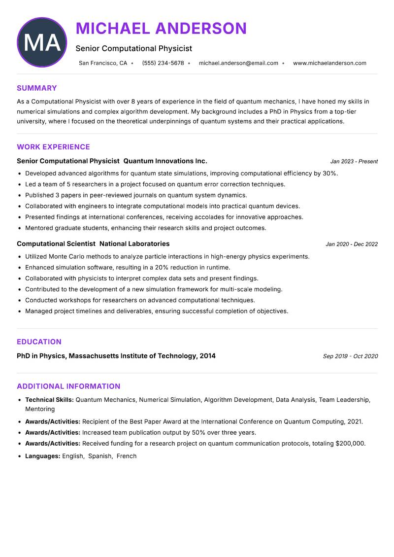 Computational Physicist Resume Preview Example