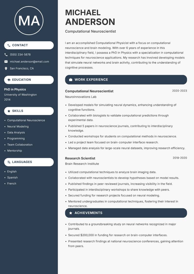 Computational Physicist Resume Preview Example