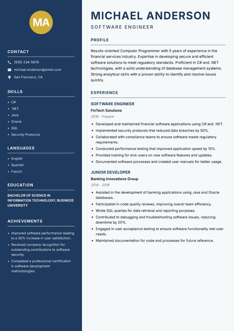 Computer Programmer Resume Preview Example