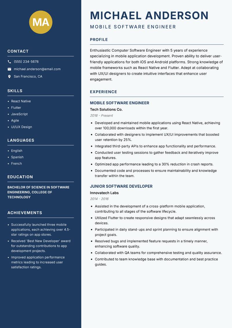 Computer Software Engineer Resume Preview Example