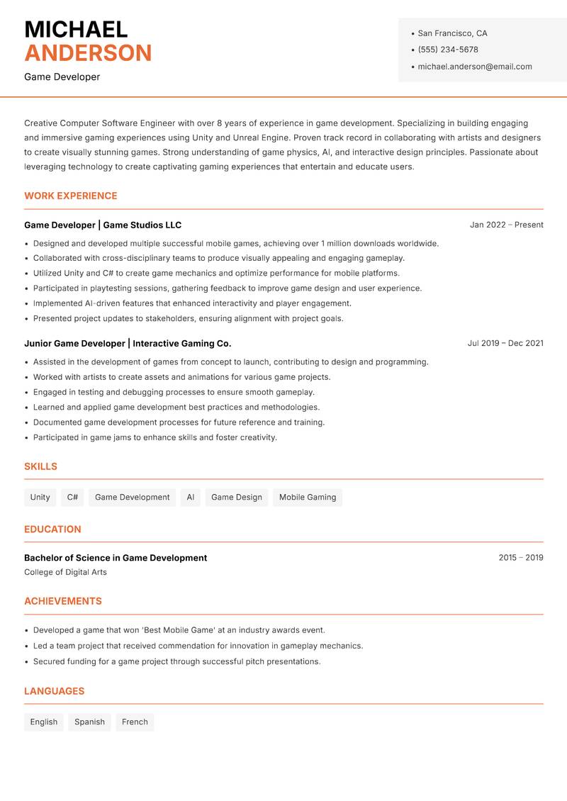 Computer Software Engineer Resume Template