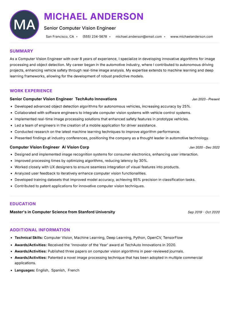 Computer Vision Engineer Resume Preview Example