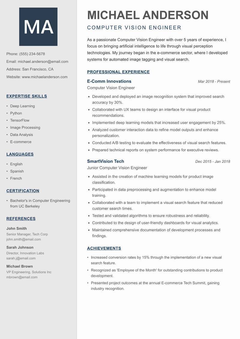 Computer Vision Engineer Resume Preview Example