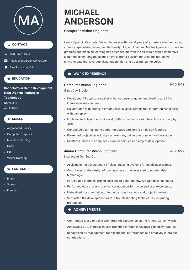 Computer Vision Engineer Resume Preview Example
