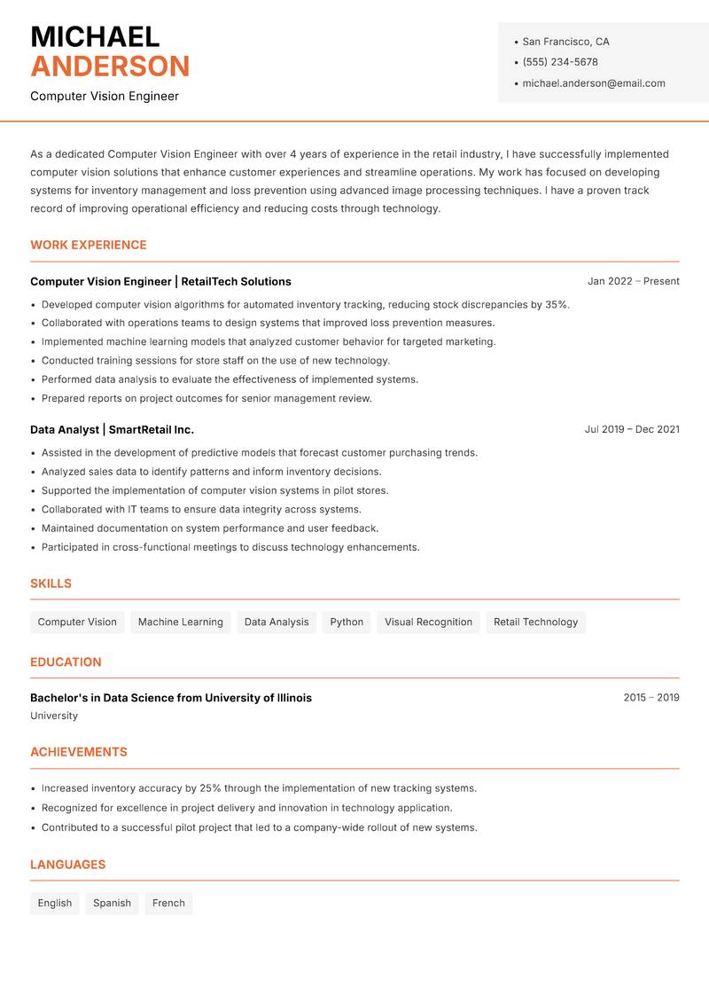 Computer Vision Engineer Resume Template