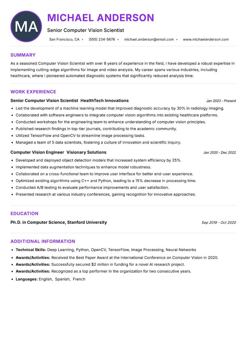 Computer Vision Scientist Resume Preview Example