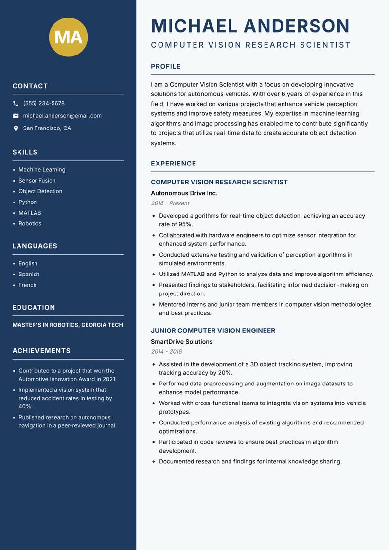 Computer Vision Scientist Resume Preview Example