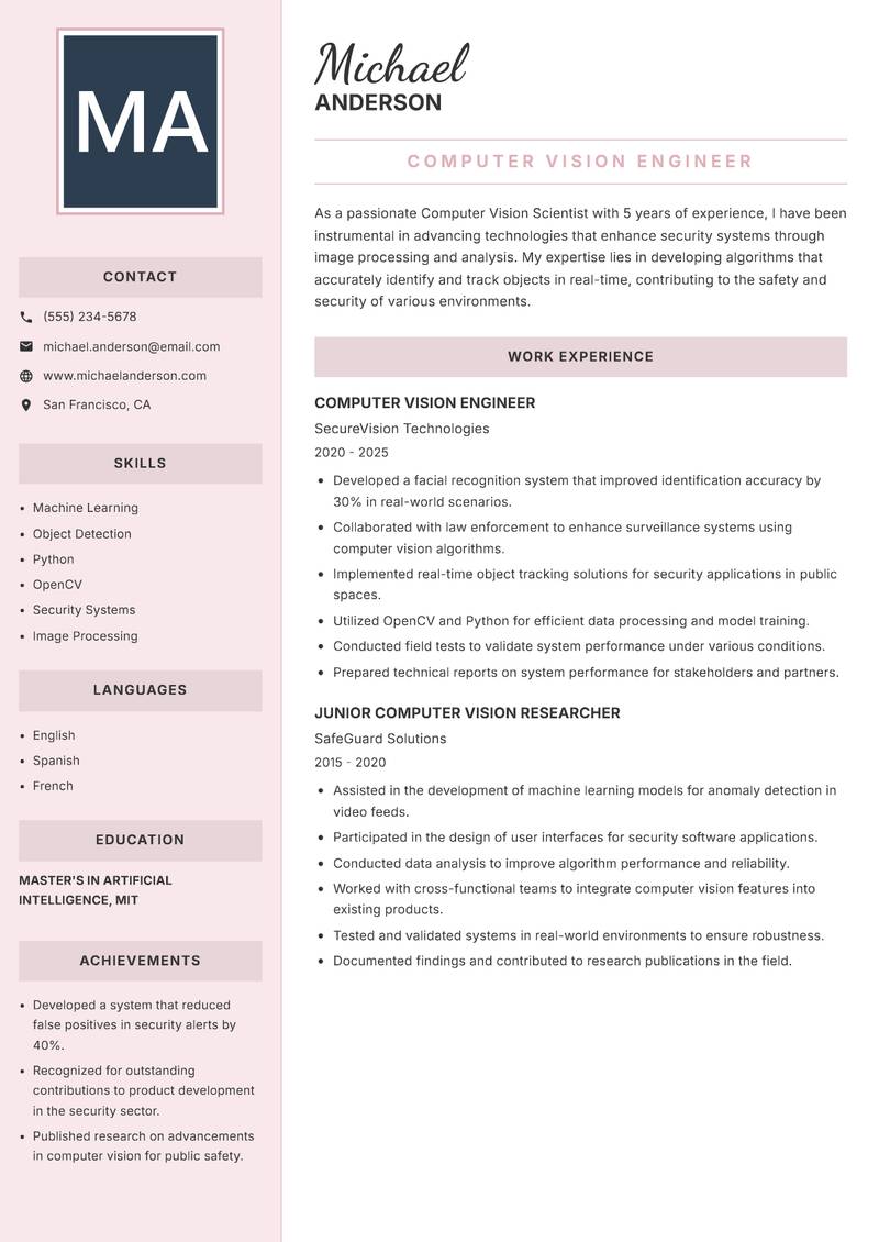 Computer Vision Scientist Resume Preview Example