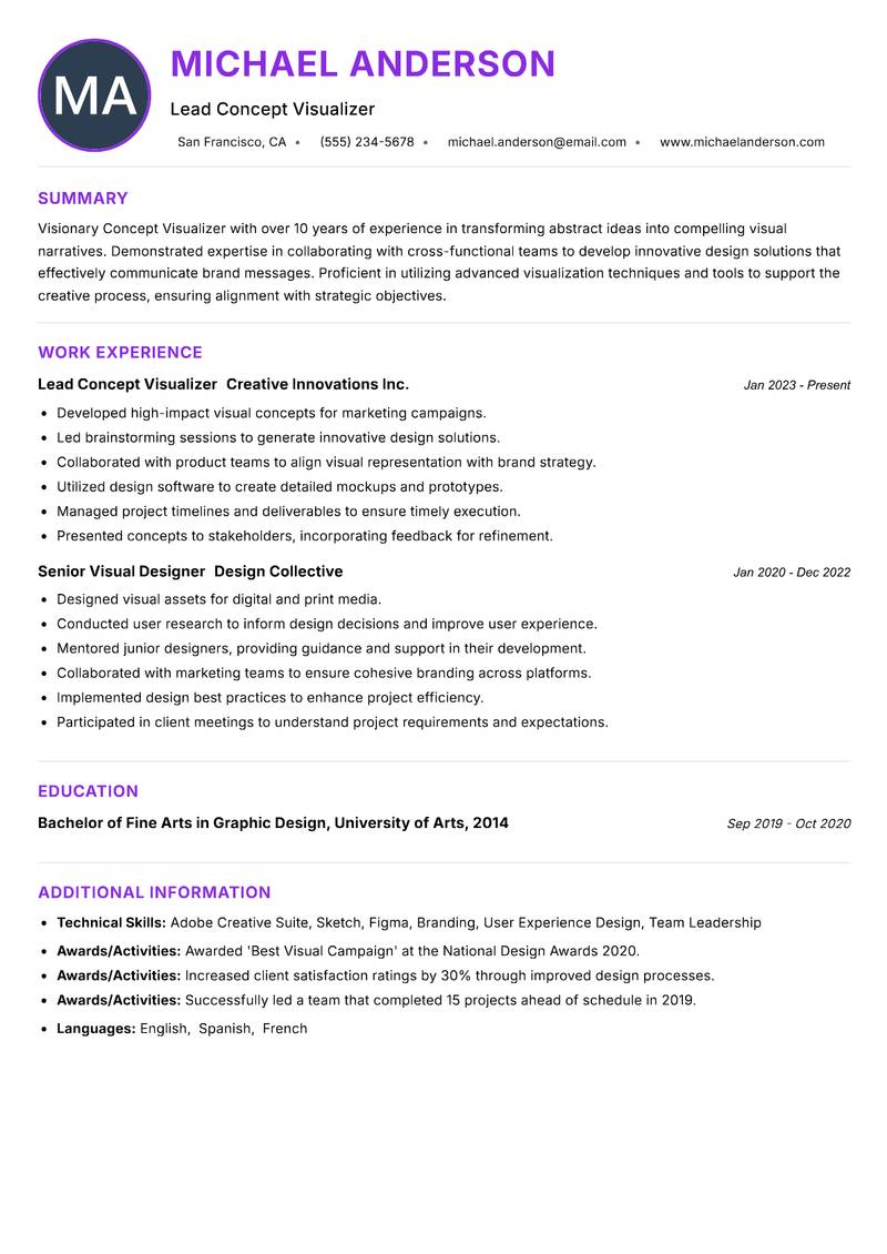 Concept Visualizer Resume Preview Example