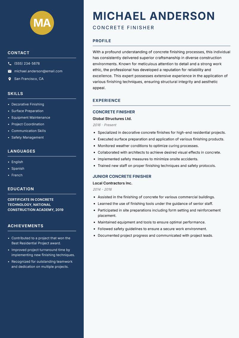 Concrete Finisher Resume Preview Example