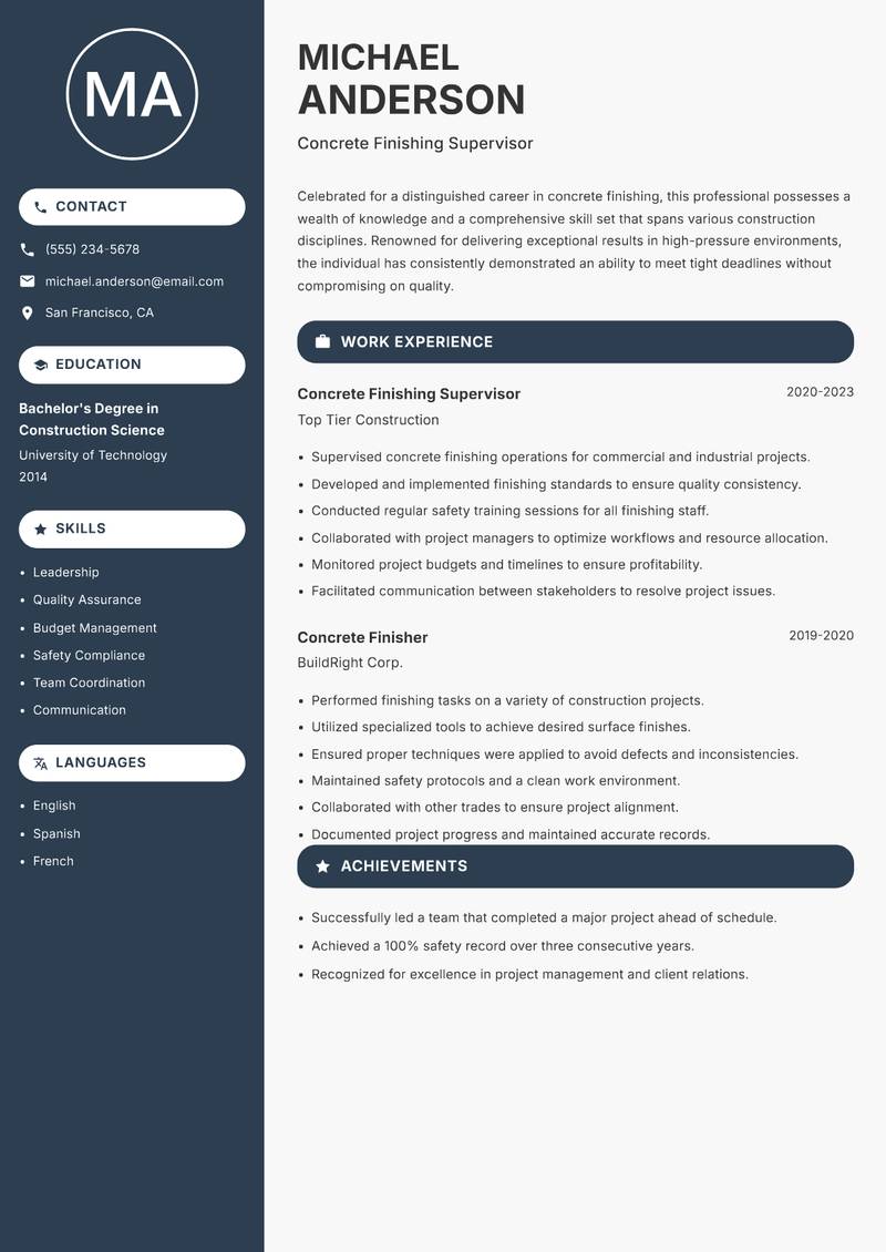 Concrete Finisher Resume Preview Example
