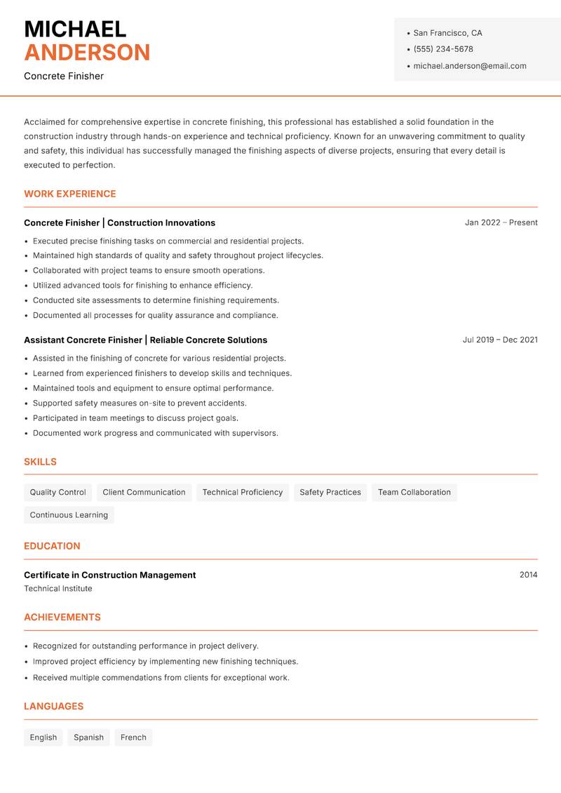 Concrete Finisher Resume Template