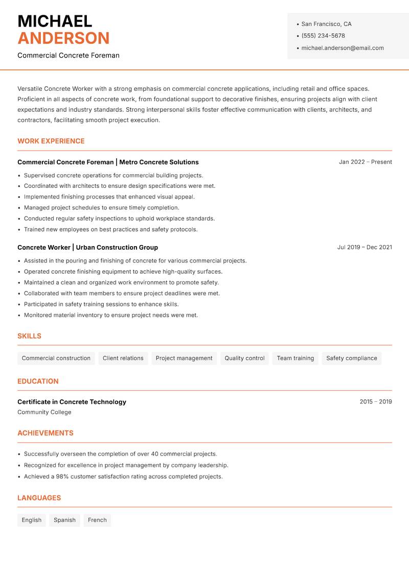 Concrete Worker Resume Template