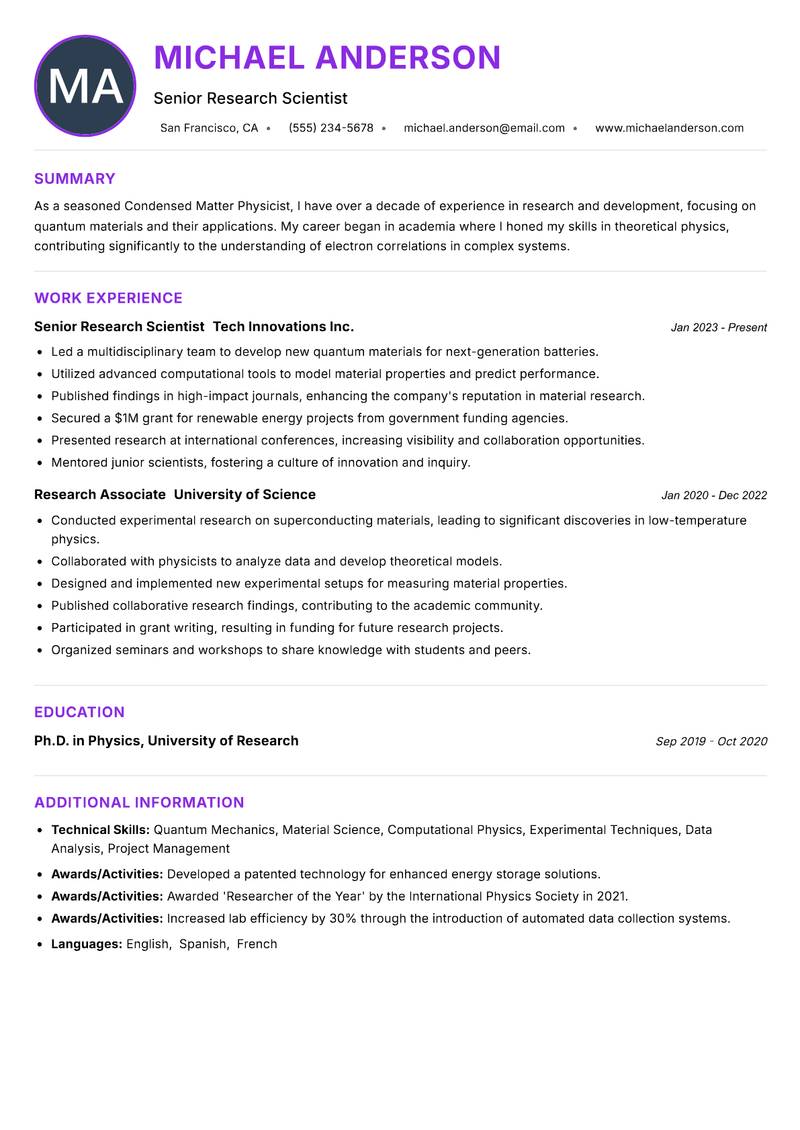 Condensed Matter Physicist Resume Preview Example