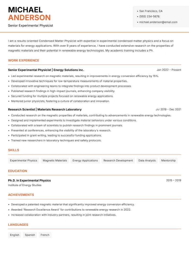 Condensed Matter Physicist Resume Template