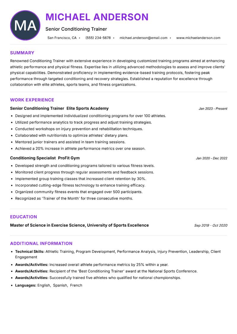 Conditioning Trainer Resume Preview Example