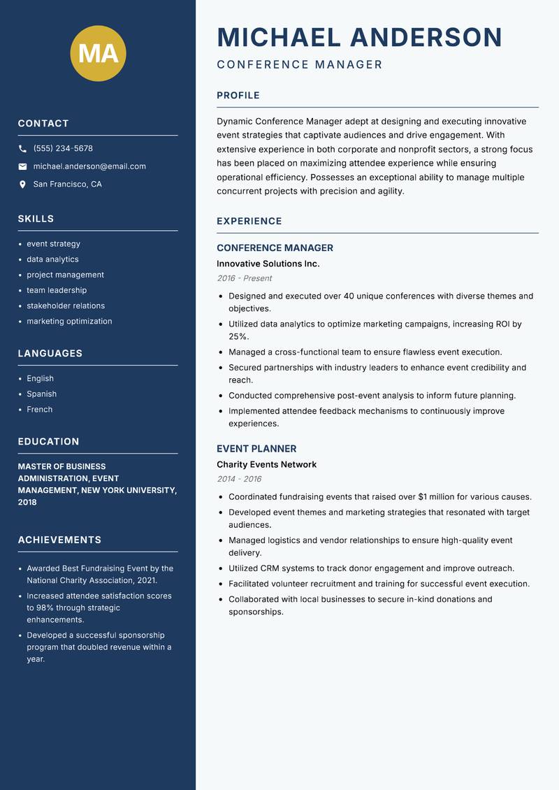 Conference Manager Resume Preview Example
