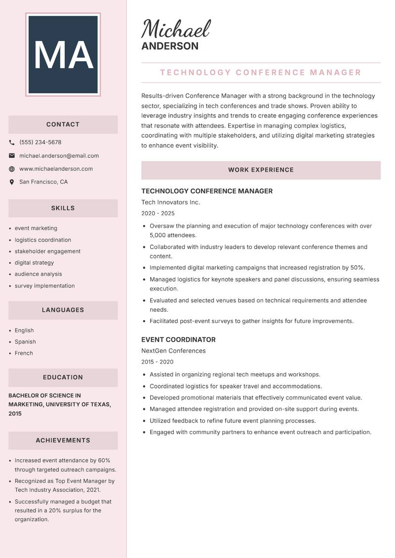 Conference Manager Resume Preview Example