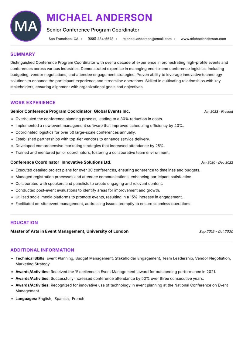 Conference Program Coordinator Resume Preview Example