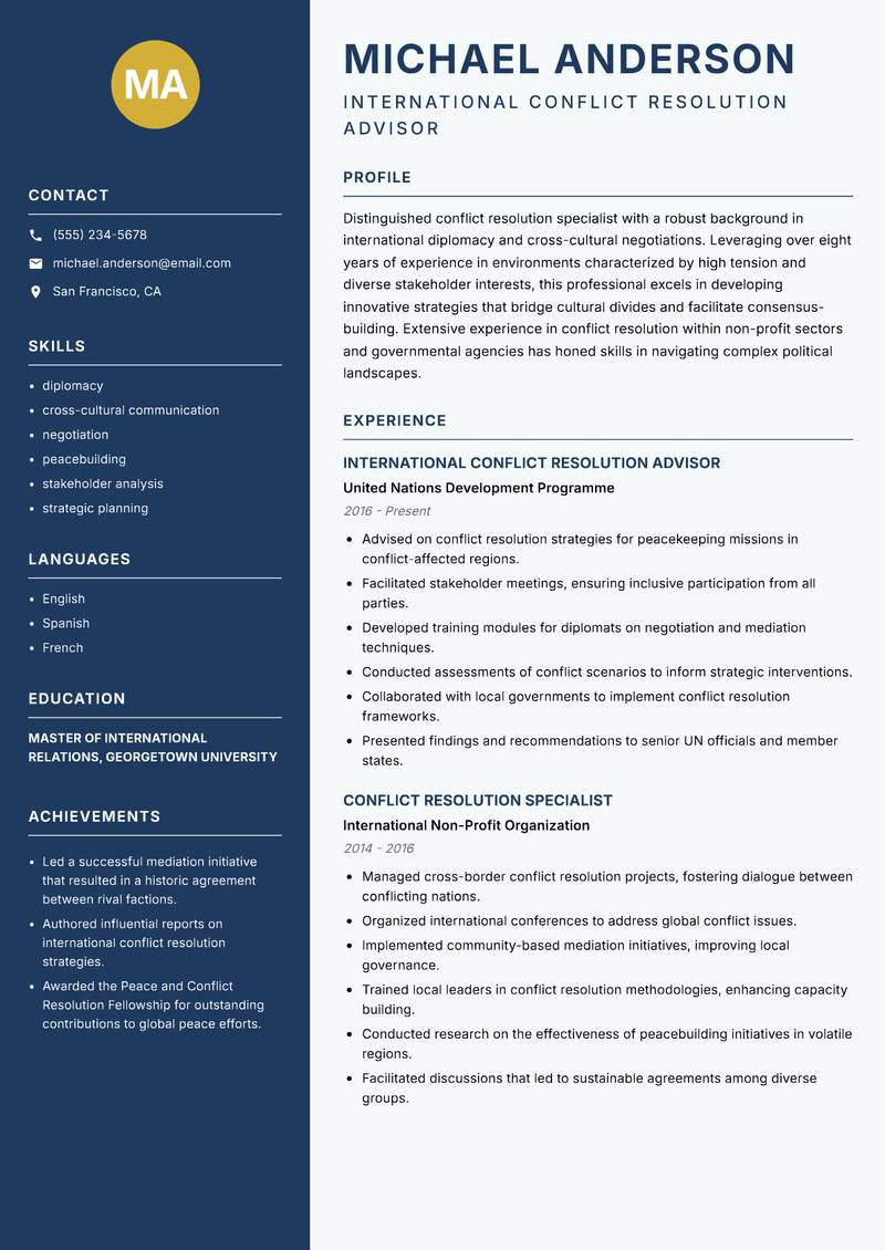 Conflict Resolution Specialist Resume Preview Example