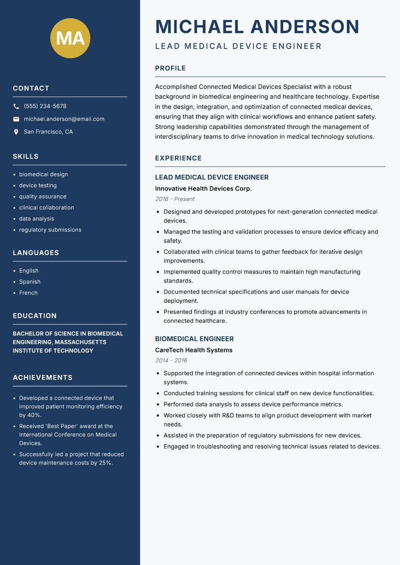 Connected Medical Devices Specialist Resume Preview Example