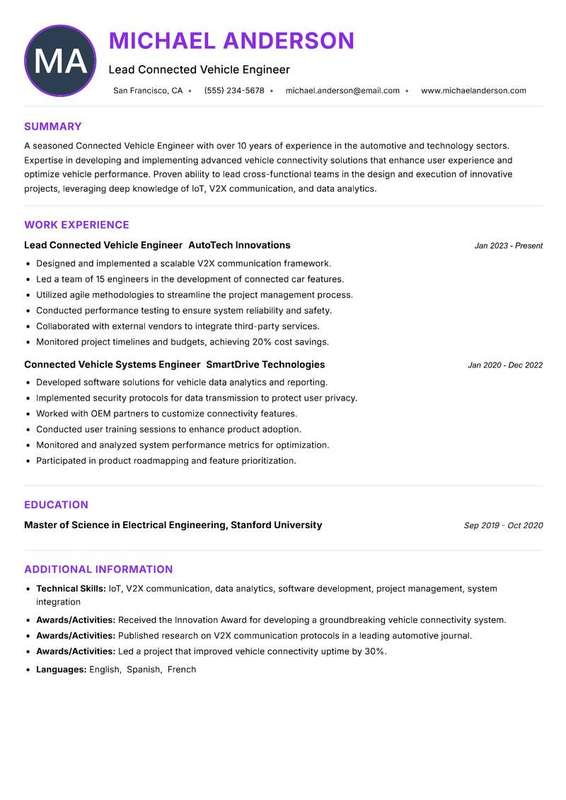 Connected Vehicle Engineer Resume Preview Example