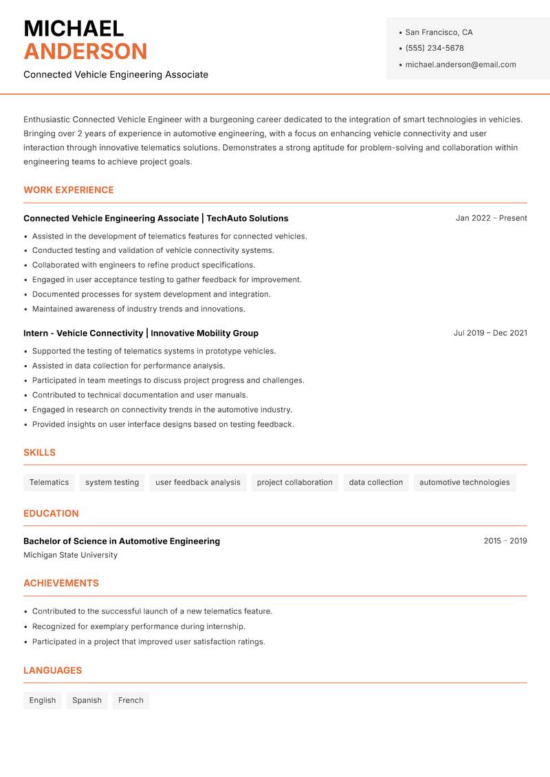 Connected Vehicle Engineer Resume Template