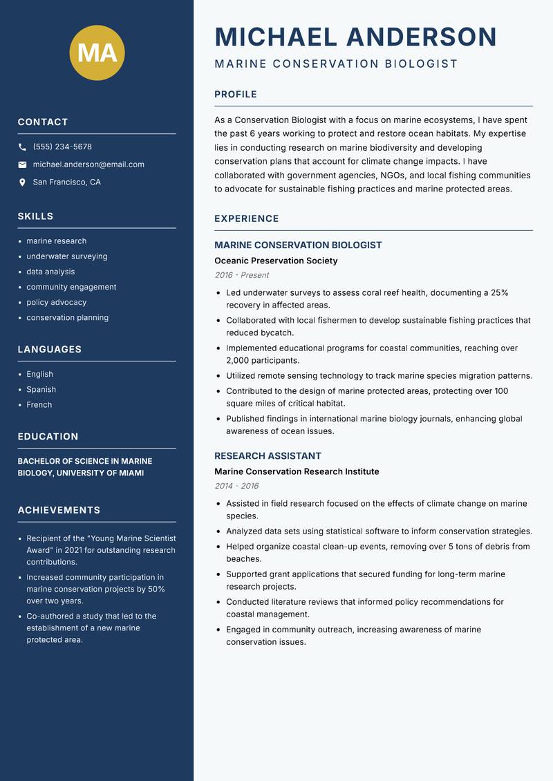 Conservation Biologist Resume Preview Example
