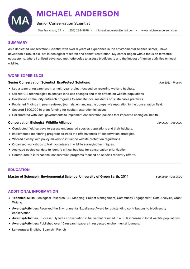 Conservation Scientist Resume Preview Example